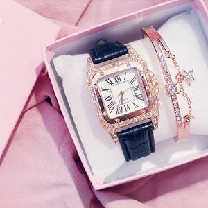 Leather Band Quartz Watch with Bracelet for Women!