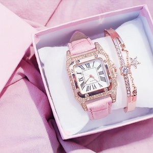 Leather Band Quartz Watch with Bracelet for Women!